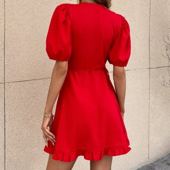 Lady in Red Puff Sleeved Ruffle Trim Wrap Dress - Picture 6 of 11